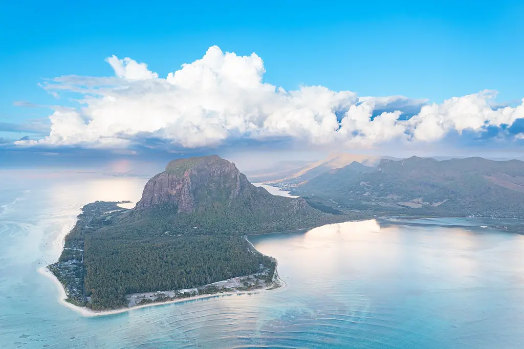 Aerial view of Le Morne peninsula and lagoon in Mauritius